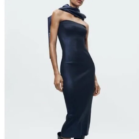 Zara Tube Dress Foil Knit Midi in Metallic Blue-Size Small NWT - Picture 4 of 12